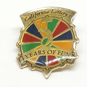 Vintage 90s California Lottery 5 Years Of Fun Lapel Hat Pin Spinning Wheel